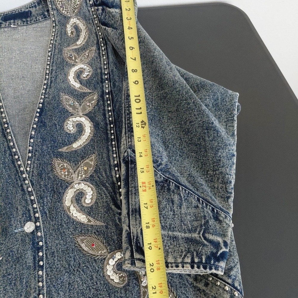 80's Bling Denim Jacket Womens Medium Acid Wash Deep V 90210 Preppy Retro Punk - Picture 13 of 16